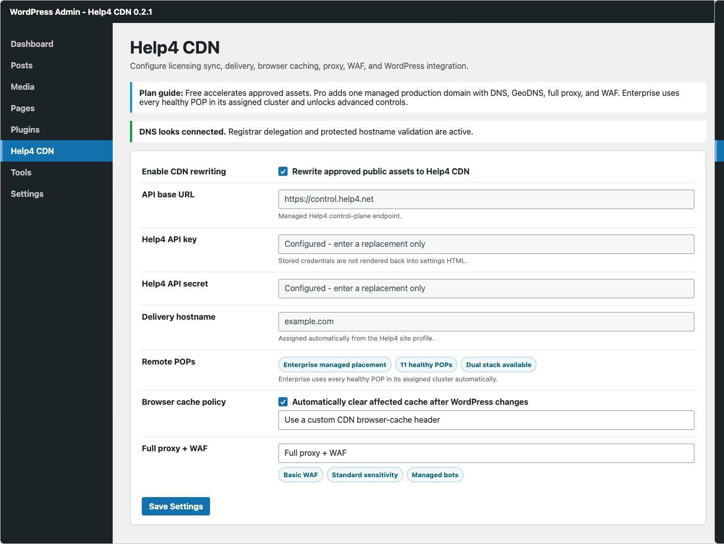 Help4 CDN 0.2.1 settings showing protected credentials, managed POP placement, browser cache, and WAF state